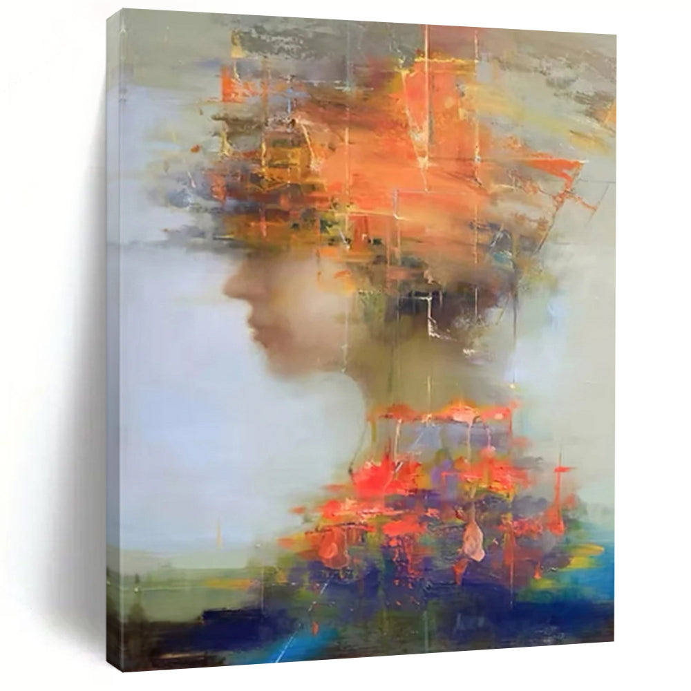“Colorful Abstract Figure” ，Soft background with a figure’s profile, surrounded by vibrant, fragmented colors and shapes. DTP318