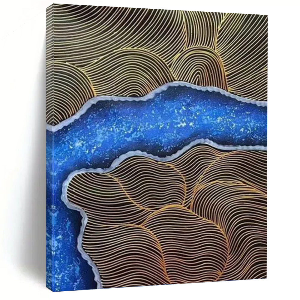 “Gold and Blue Abstract Wave” - Gold, Blue Abstract Art on Canvas DKH1345