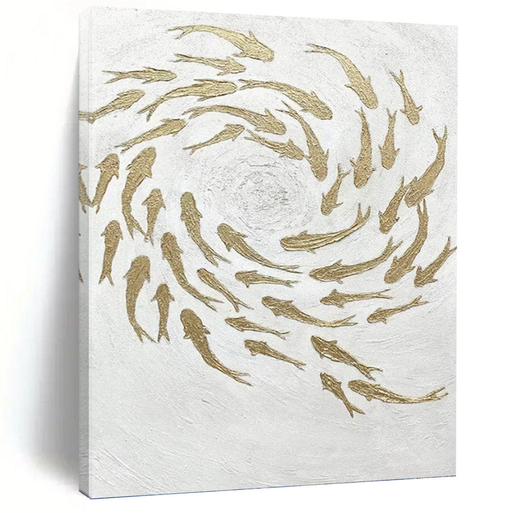 “Gold Fish on White” - Symbolic Abstract Art on Canvas DKH1544