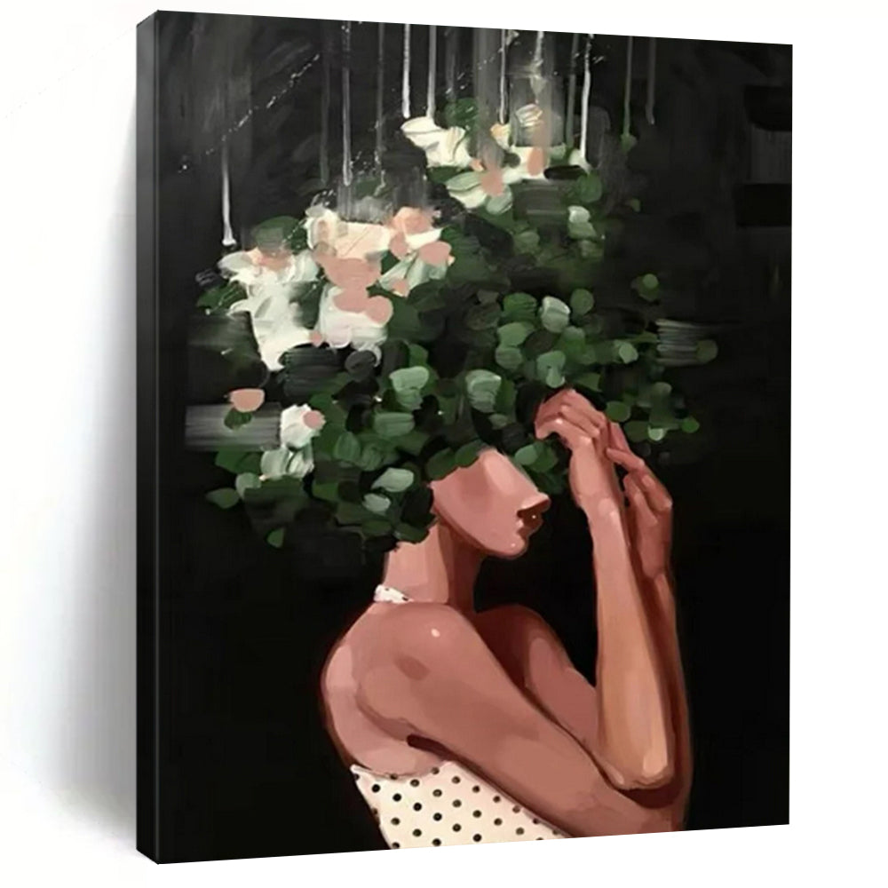 “Floral - Headed Woman in Darkness” – Woman with green foliage and white flowers obscuring her head, dark background. DTP323