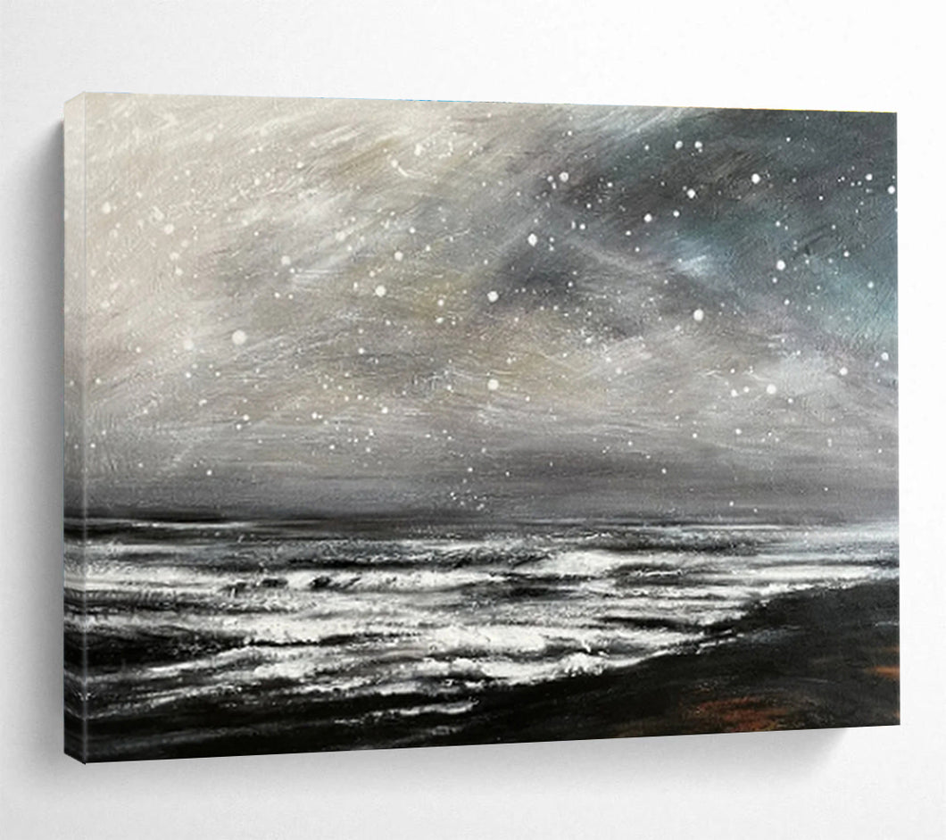 Snowy Starry Ocean Abstract Painting for Winter - Themed Home & Cosy Fireplace Nook DKH109