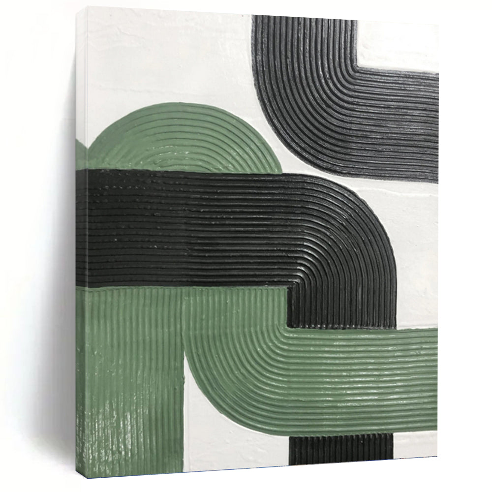 “Intertwined Green and Black Arches” - Green, Black Abstract Art on Canvas DKH1171