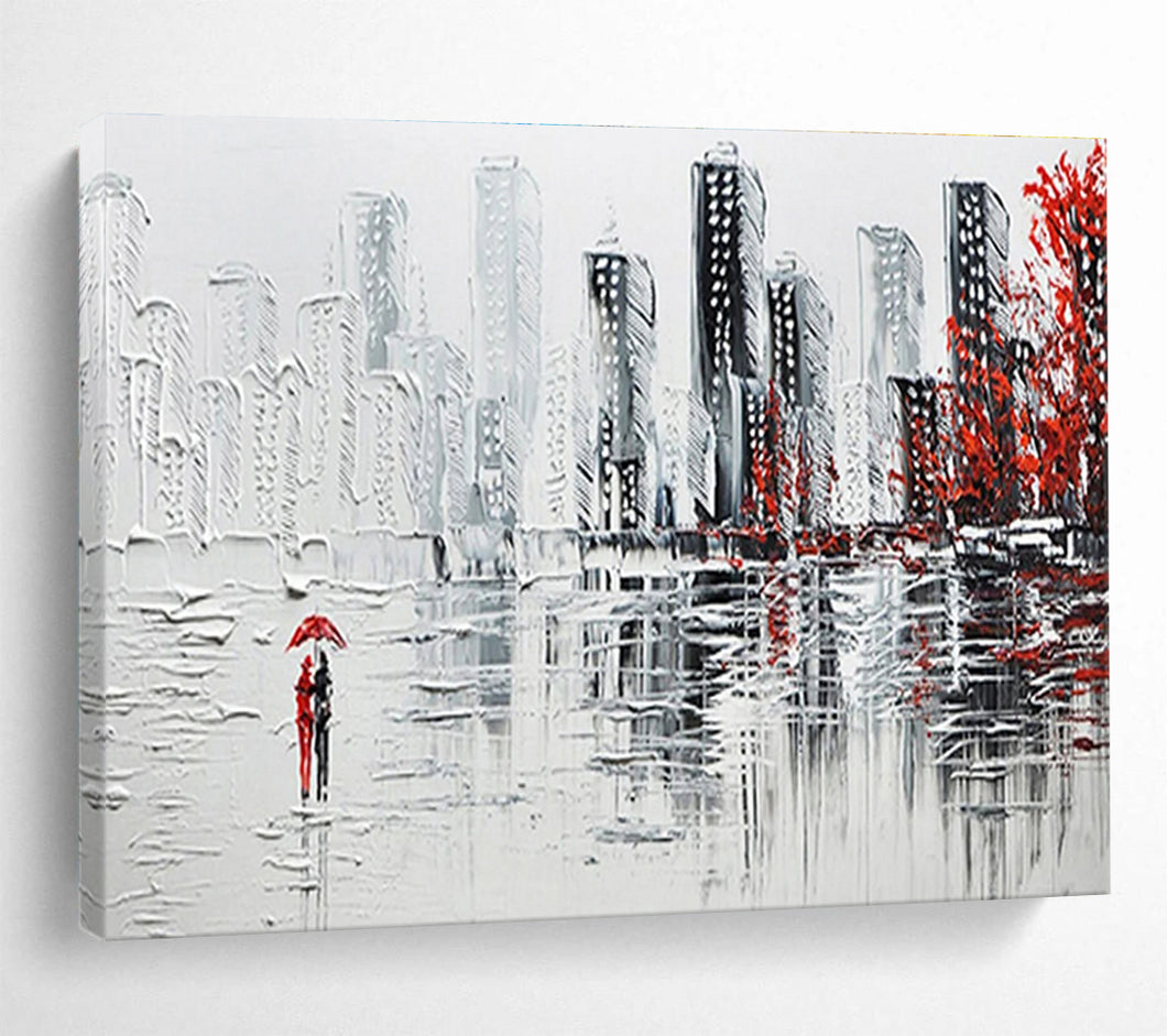 City Rain “Romantic Urban” Painting on Canvas, Impasto Cityscape Art DKH886