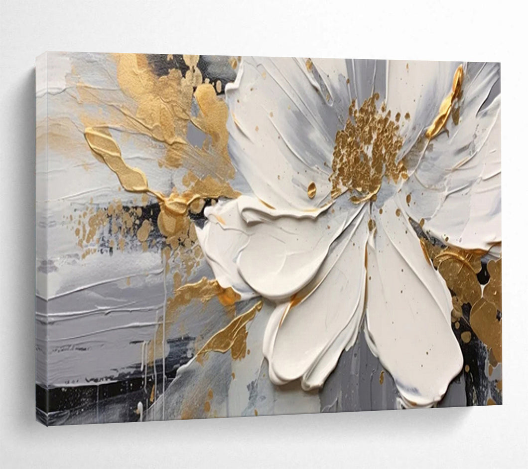 Hand - painted 3D White Flower with Gold Accents Acrylic Art for Glamorous Bedroom Headboards LargeART1703