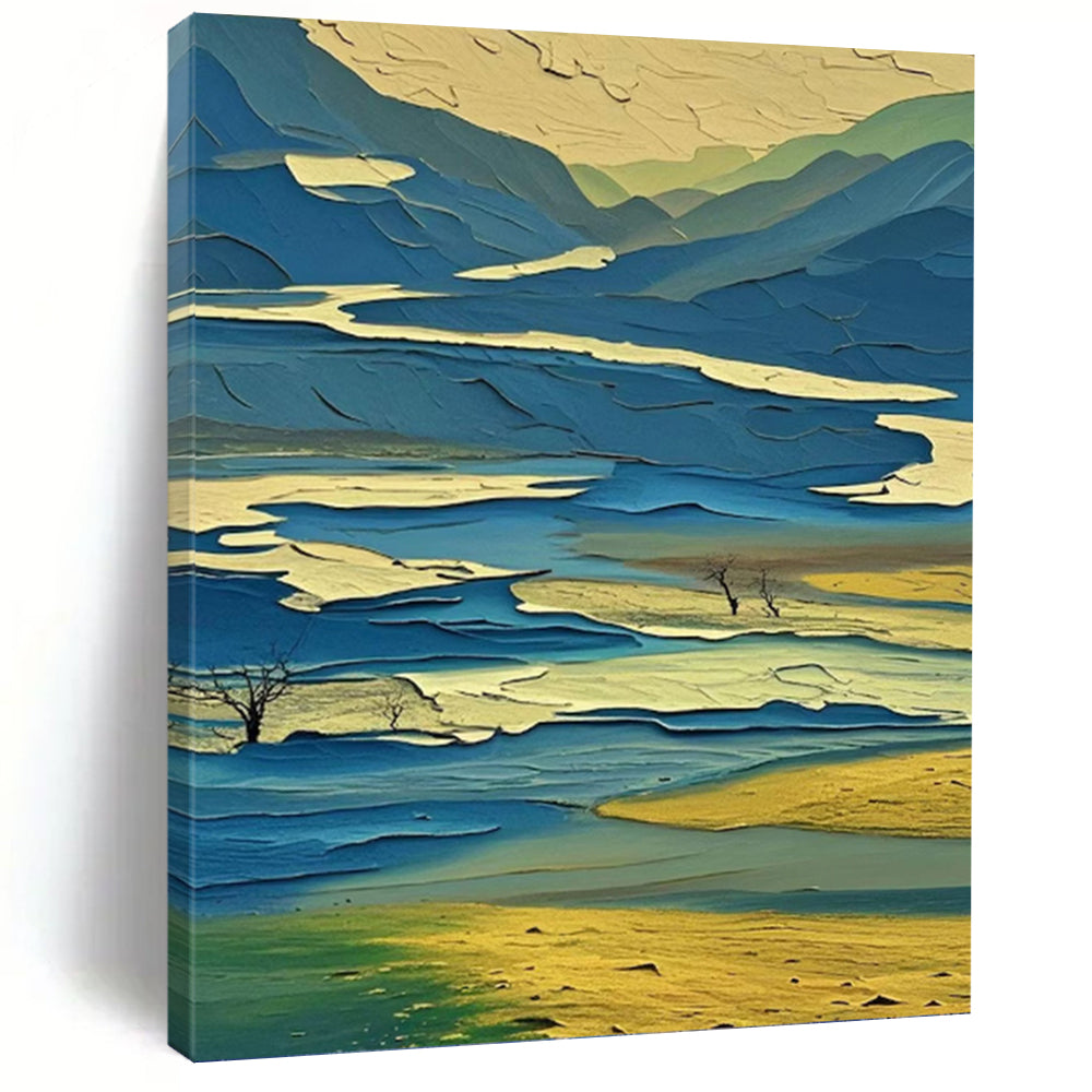 “Layered Blue Mountains” Abstract Landscape Painting on Canvas, Vibrant Decor DKH963