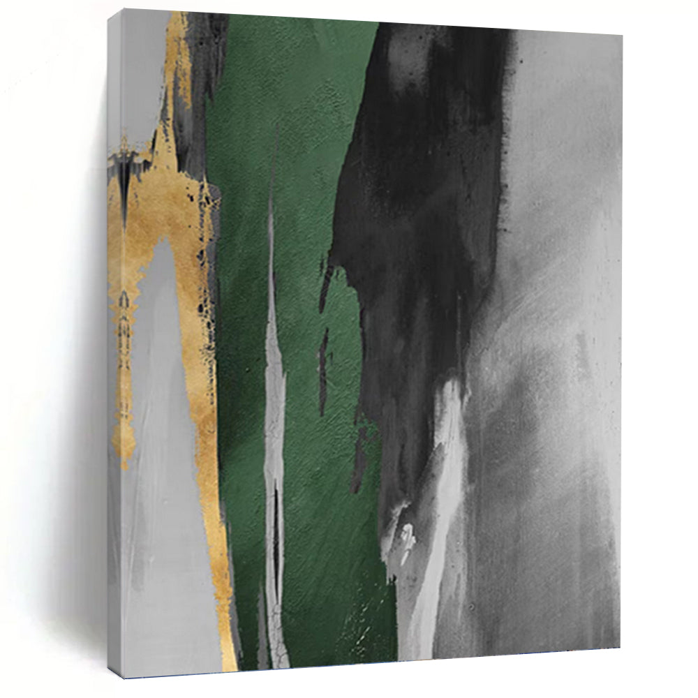 “Gold Accent Green and Grey” - Green, Grey, Gold Abstract Art on Canvas DKH1198