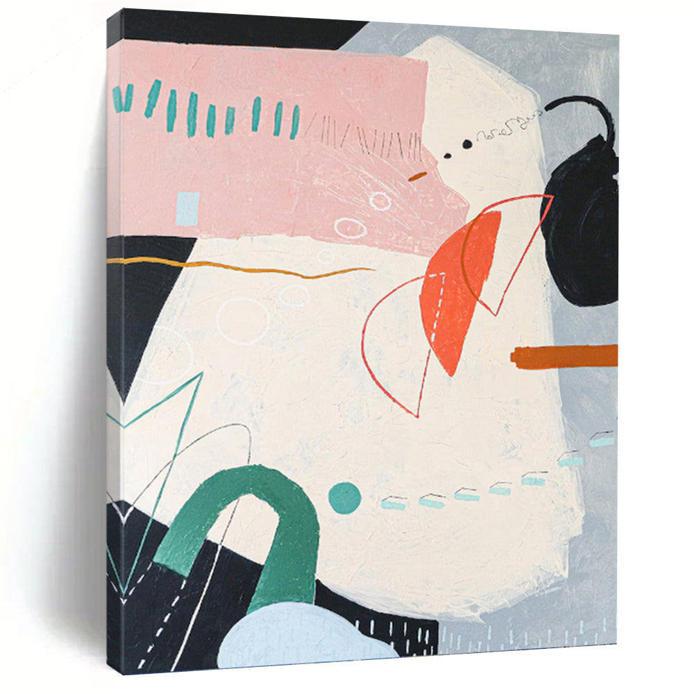 “Playful Shape Mix” - Pink, Green, and Orange Abstract Art, Abstract Painting on Canvas DKH1093
