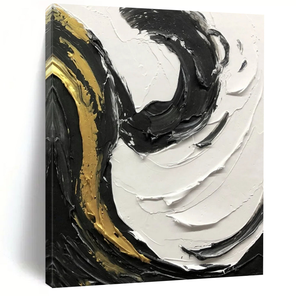 “Gilded Swirls” – Thick black, white, and gold impasto, dynamic curved strokes DTP381