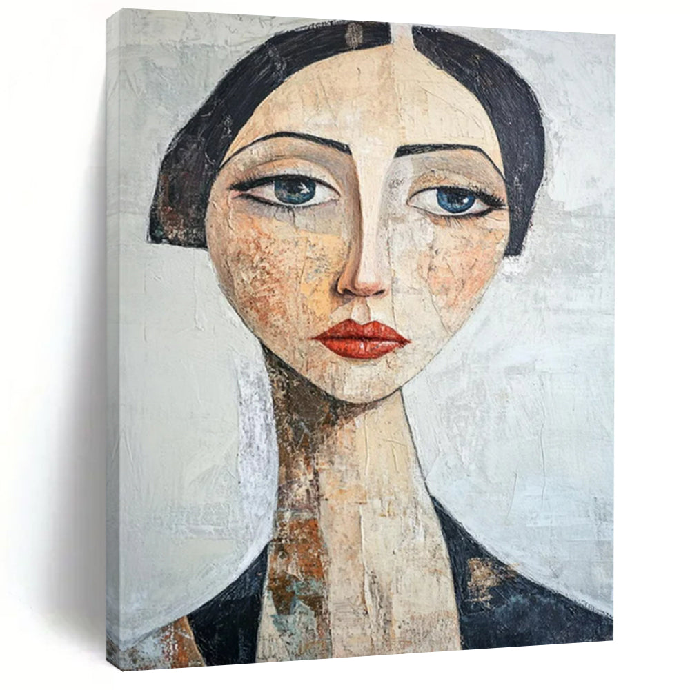 Mixed - Media Abstract Portrait, Earth - Toned Textured Art for Bohemian Living Room & Eclectic Gallery Wall LargeART2218