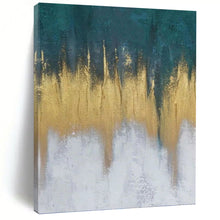 Load image into Gallery viewer, “Teal - Gold Dripping Horizons” - Teal, Gold, White Abstract Art on Canvas DKH1235
