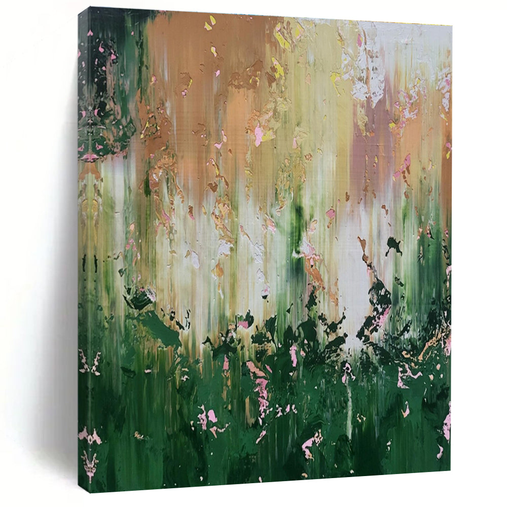Green - Gold Floral Abstract Painting, Suited for Botanical - Themed Bedroom & Garden - Lover’s Study LargeART1403