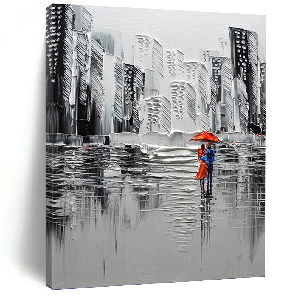 “Black and White Cityscape with Red Umbrella” - Textured Urban Art on Canvas DKH1600