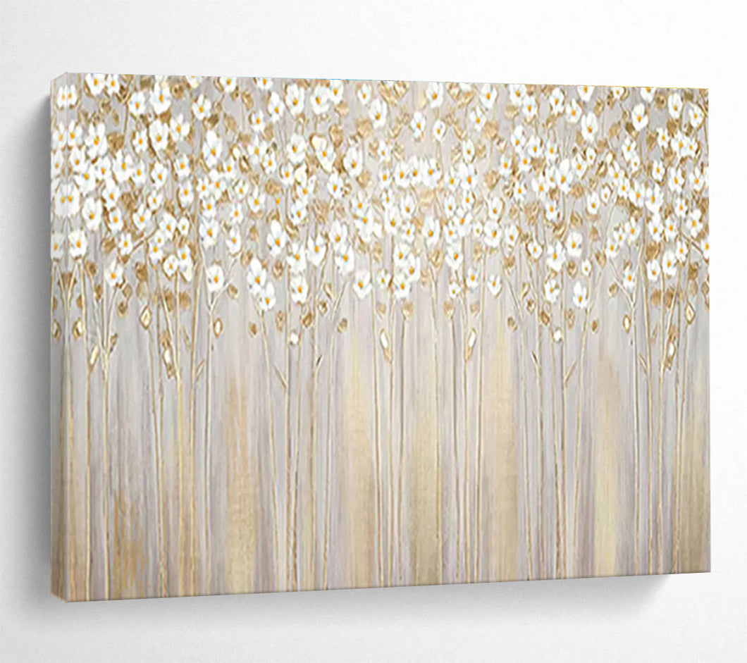 White Flower and Gold Painting on Canvas - “Elegant Garden” DKH787