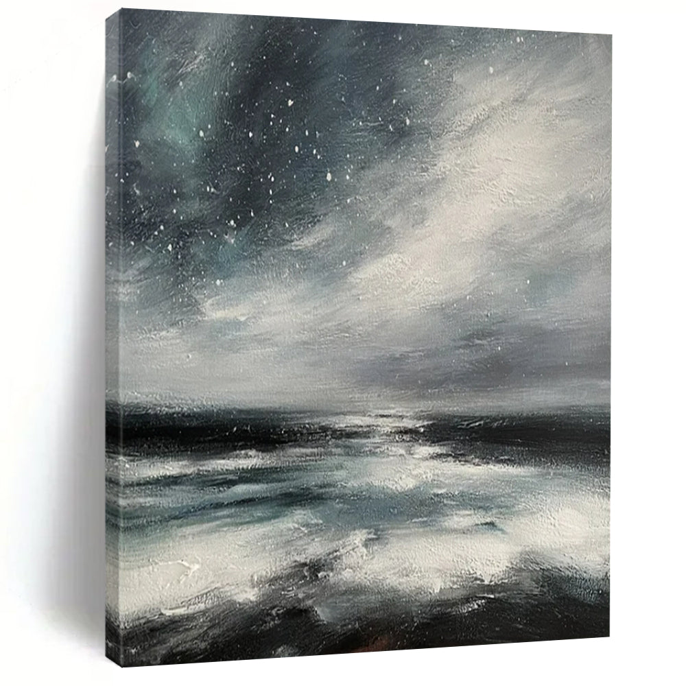 Mood Landscape Abstract Painting, Gray & Blue Ocean for Serene Bedroom LargeART2270