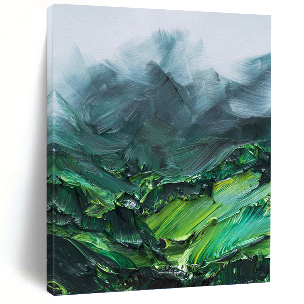 “Textured Green Mountains” Abstract Impasto Landscape Painting on Canvas, Lush Nature Art DKH944