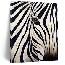 Load image into Gallery viewer, “Gilded Zebra Gaze” - Black, White &amp; Gold Animal Portrait on Canvas DKH1446
