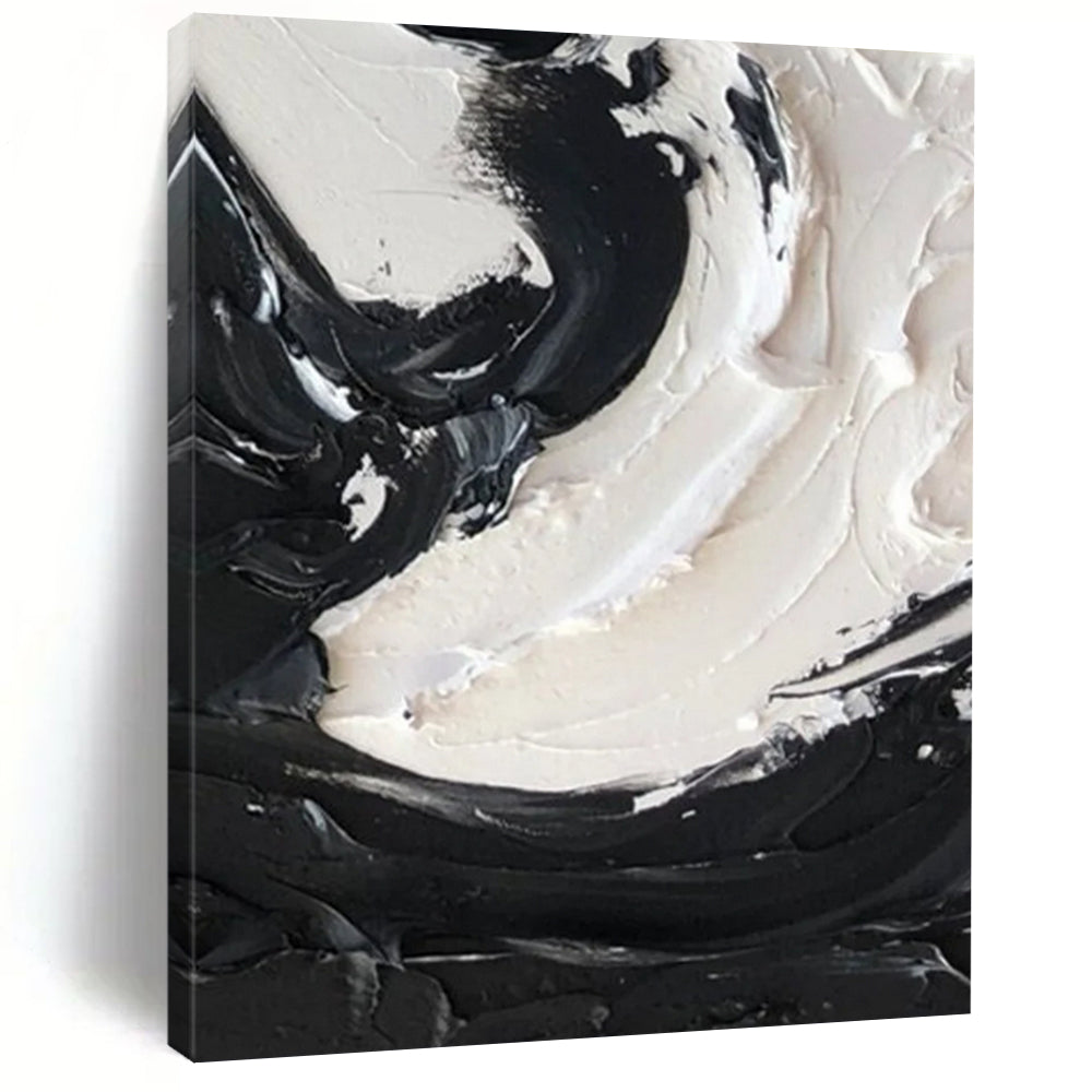 “Swirling Duality” – Bold black and white impasto, circular motion, thick texture DTP385