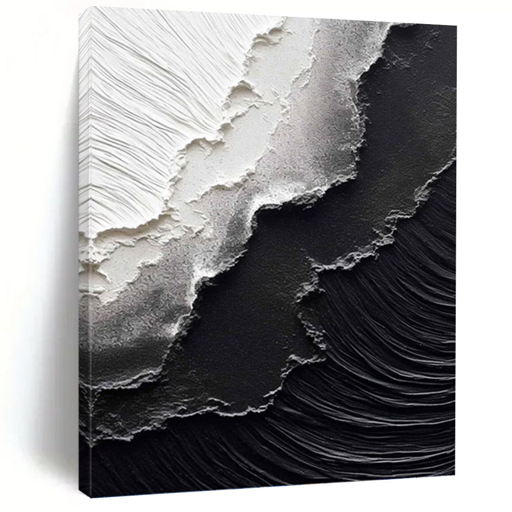 “Black & White Textured Layers” - Minimalist Impasto Art on Canvas DKH1475