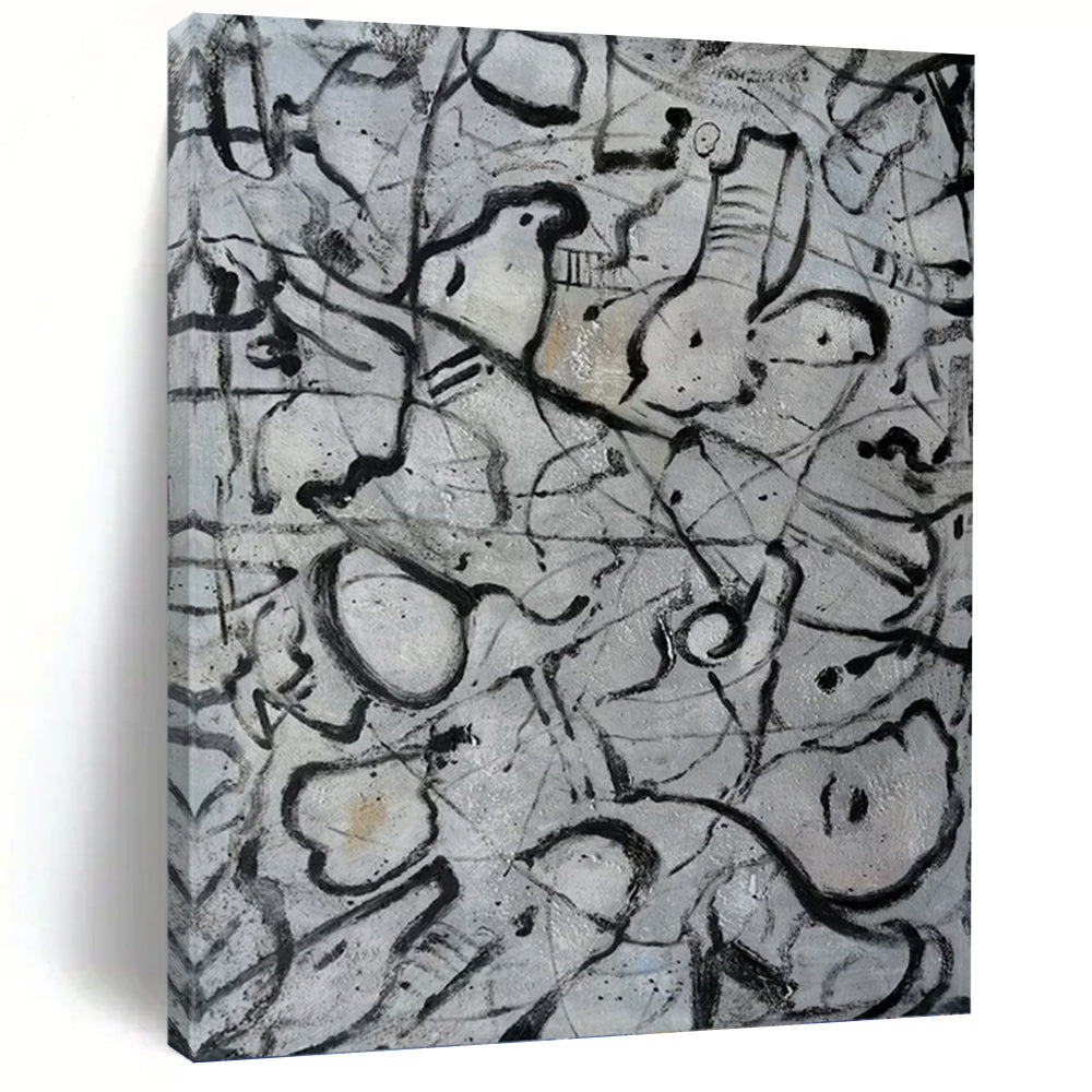 “Black and White Abstract Doodles” - Expressive Line Art on Canvas DKH1591