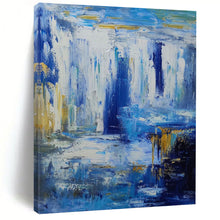 Load image into Gallery viewer, “Blue and Gold Waterfall Abstract” - Blue, Gold, White Abstract Art on Canvas DKH1332
