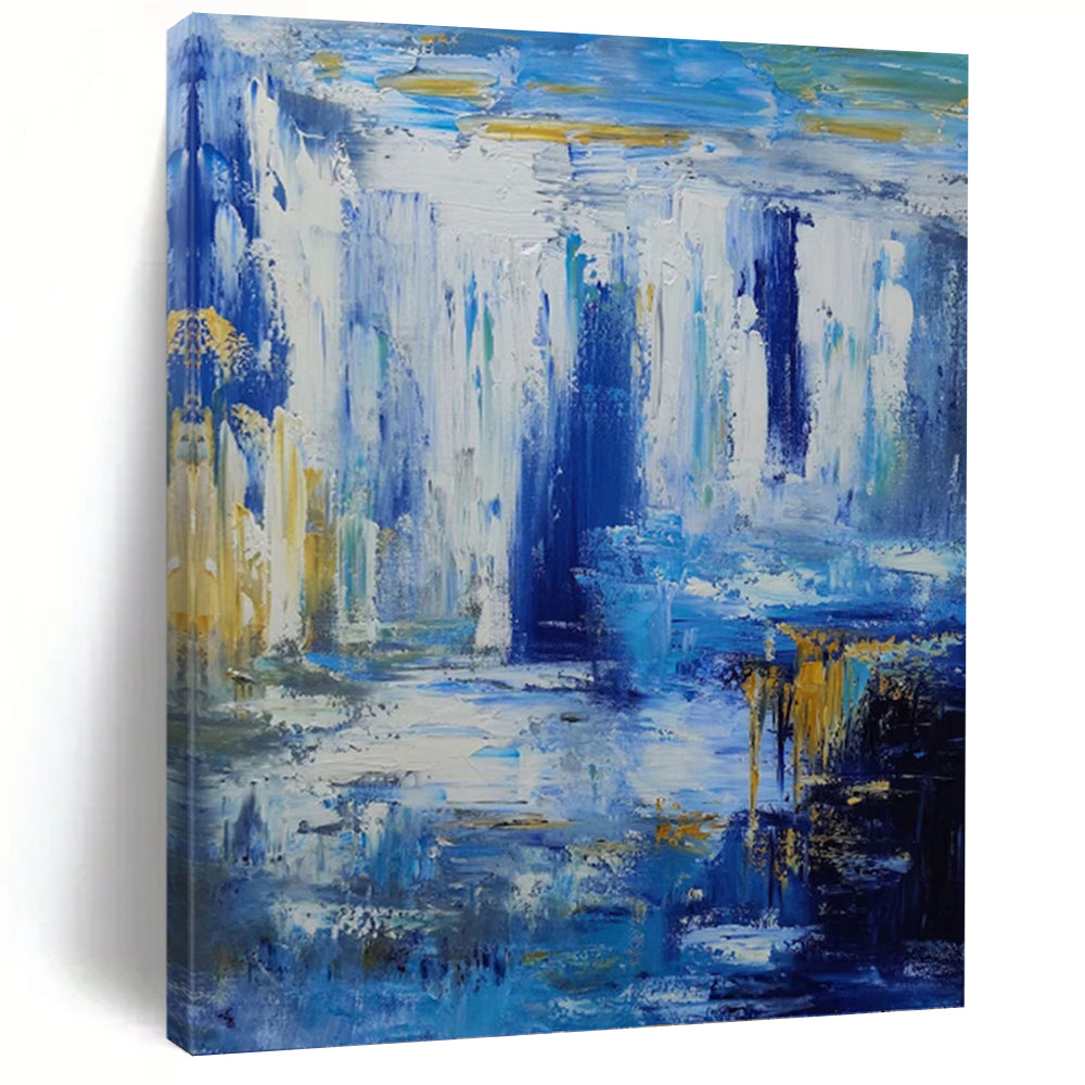 “Blue and Gold Waterfall Abstract” - Blue, Gold, White Abstract Art on Canvas DKH1332