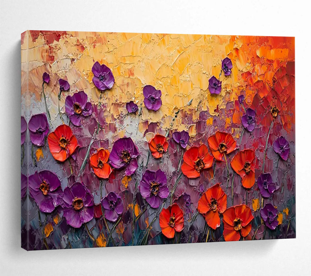 Hand - painted Large - scale Textured Poppies Field Acrylic Art for Vibrant Living Rooms LargeART1765