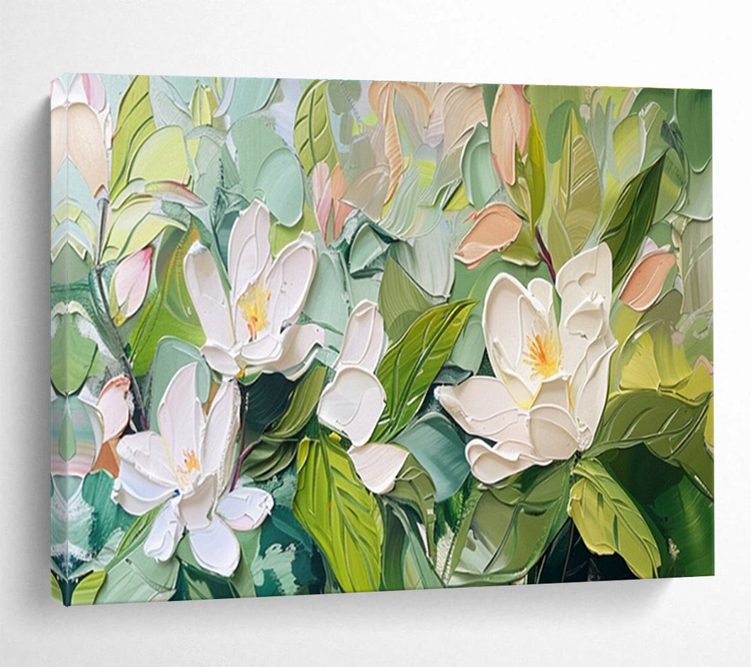 White Flower “Blush Magnolias” Painting on Canvas, Romantic Floral Art DKH836