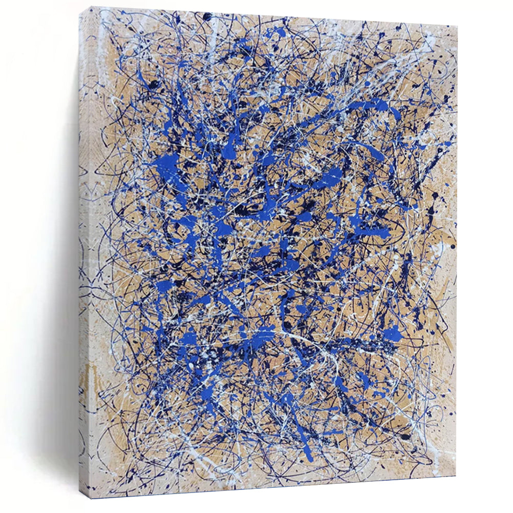 “Blue and White Drip Abstract on Beige” - Action - Painting - Style Art on Canvas DKH1580