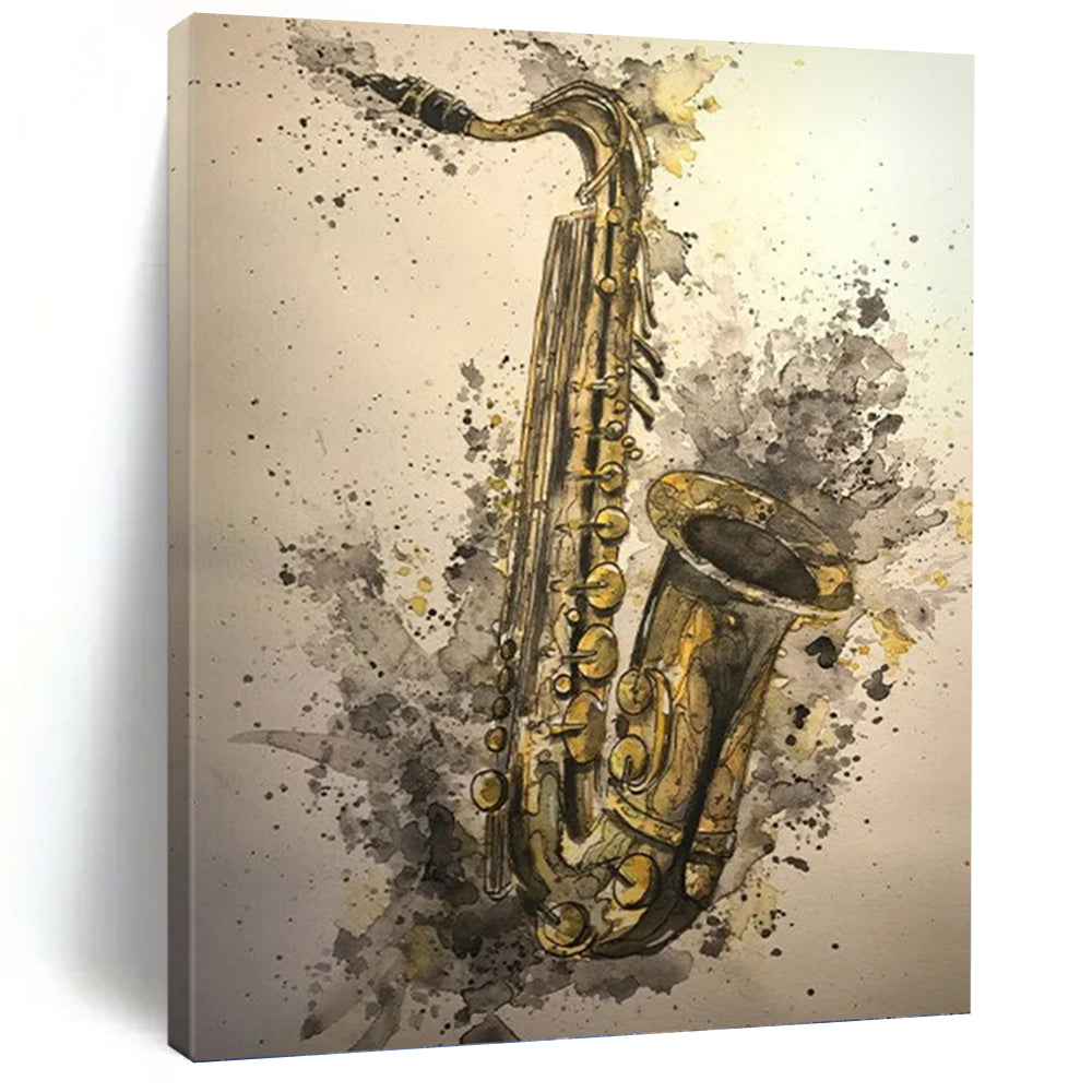 “Saxophone in Watercolor Splashes” - Abstract Musical Art on Canvas DKH1640