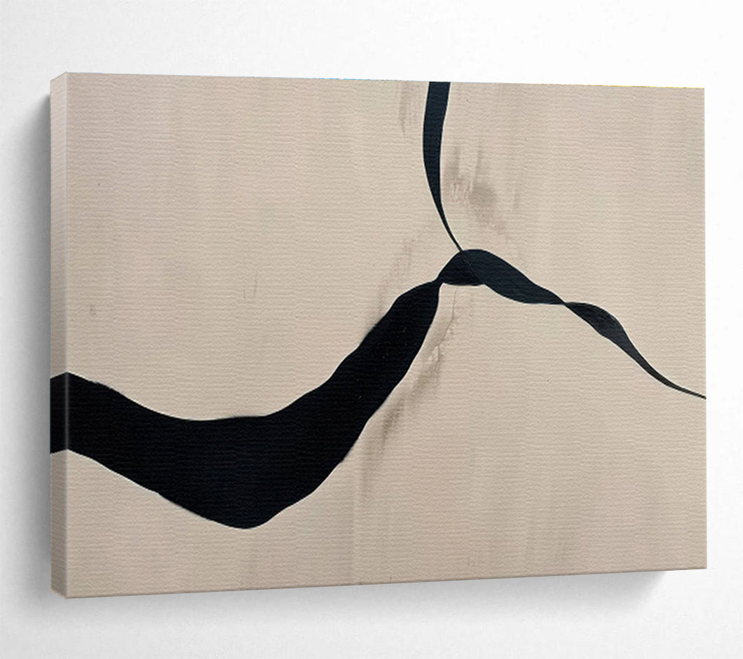 Abstract Painting on Canvas: Black - Ribboned White Canvas - “Elegant Trails” DKH589