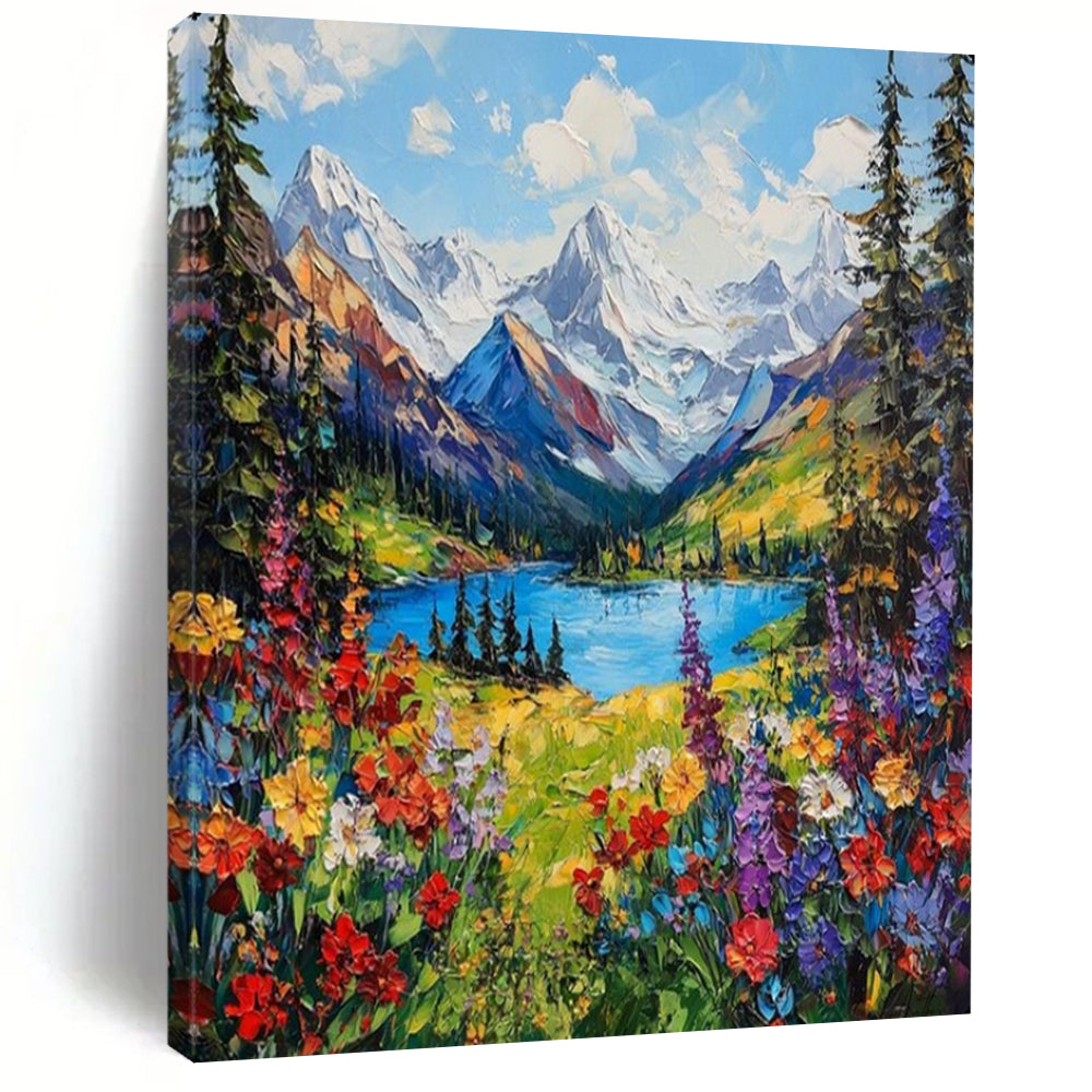 Abstract Painting Vivid Mountain Lake Art for Patio & Office Decor LargeART2156