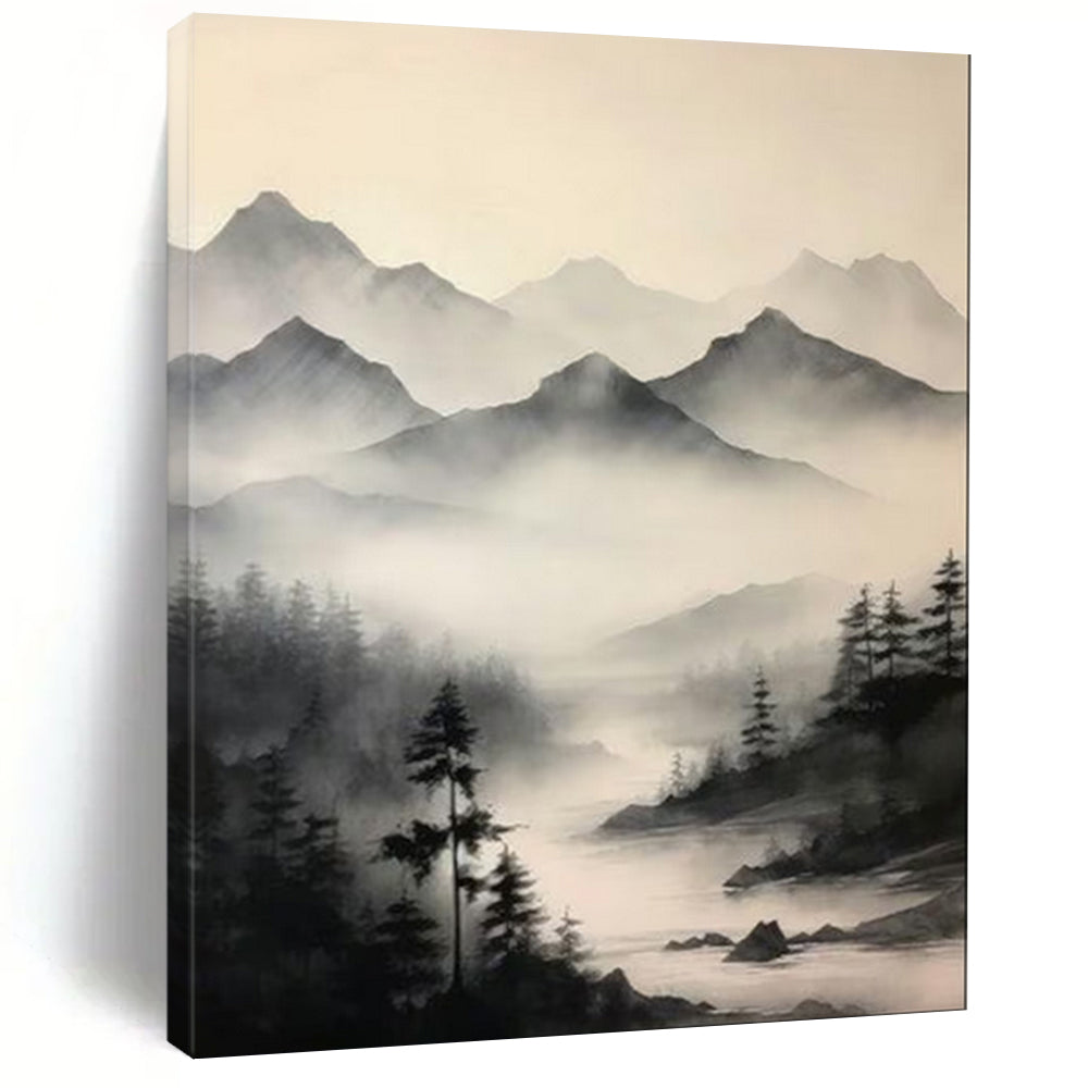 Monochromatic Ink - Wash Mountain Abstract Painting, Perfect for Zen - Inspired Living Room & Traditional Study LargeART1917