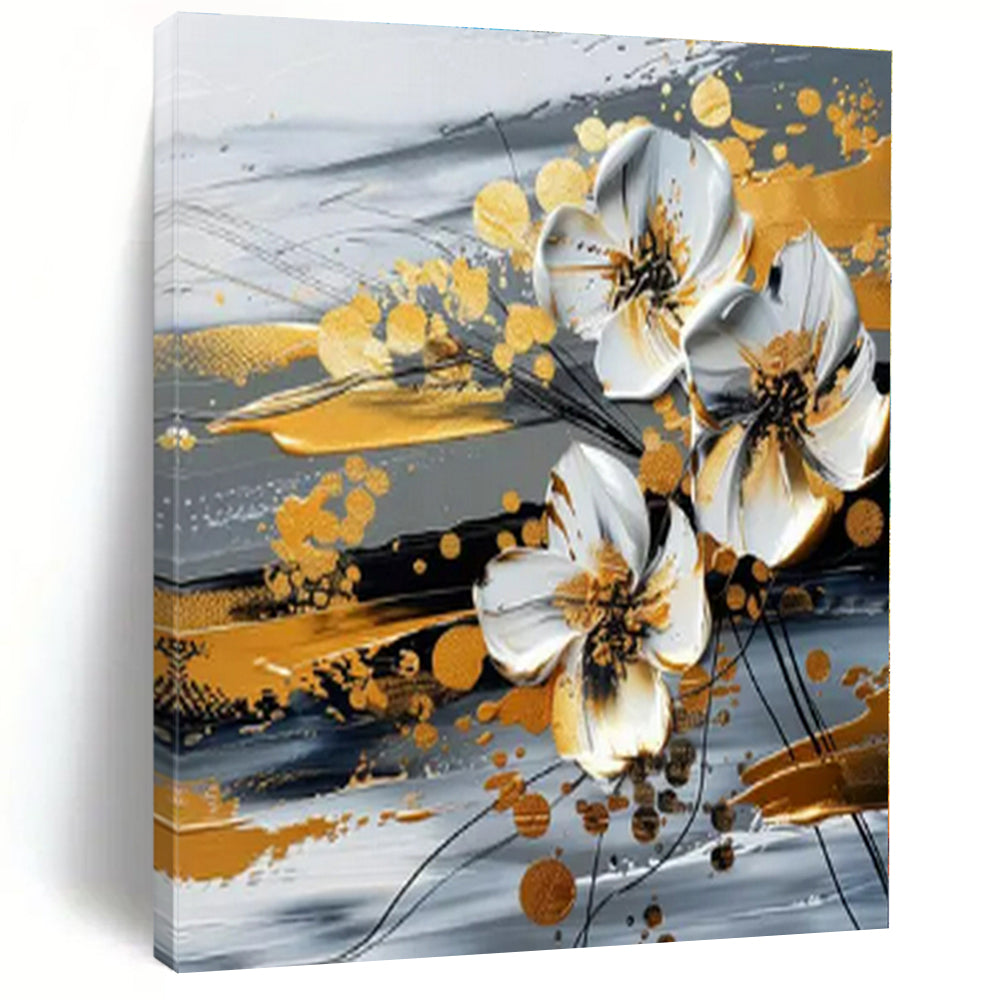 White & Gold Floral Abstract Canvas Painting, Ideal for Elegant Bedroom & Luxury Dining Room LargeART1254