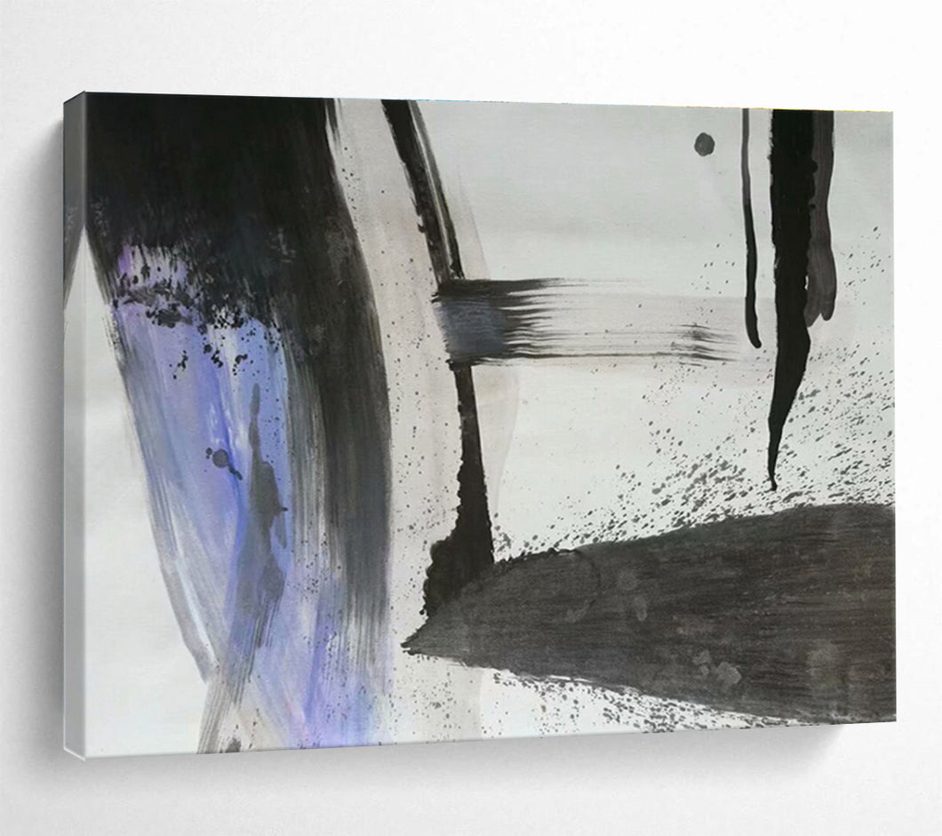 Black - White - Purple Abstract “Ink Flow” Painting on Canvas, Minimalist Zen Art DKH852