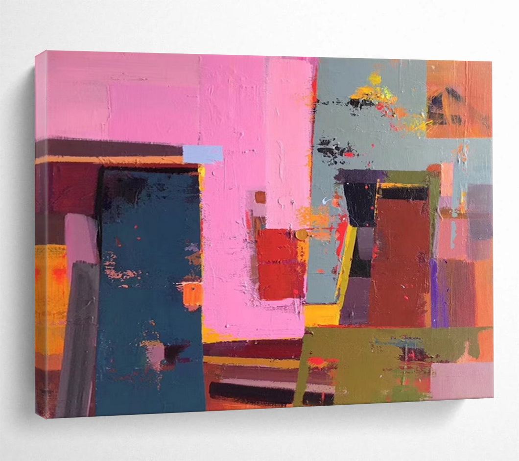 Vibrant Geometric Collage Pink, Blue & Bold Forms on Canvas DLZ003