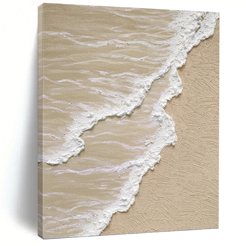“Textured Beach Waves” - Beige, White Abstract Coastal Art on Canvas DKH1143