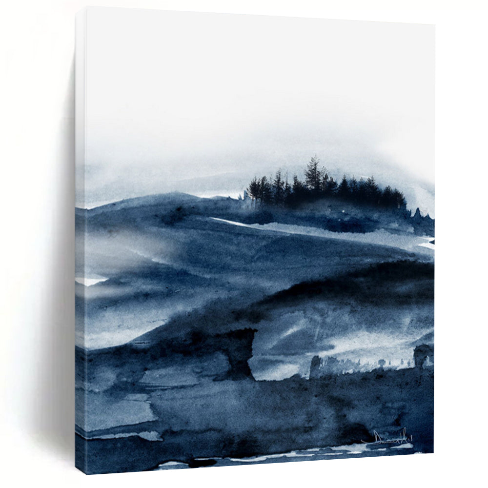 Indigo Mountain Mist – Watercolor Landscape with Deep Blues DTP230
