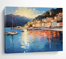 Load image into Gallery viewer, Coastal Town “Sunny Harbor” Painting on Canvas, Luminous Seaside Art DKH877
