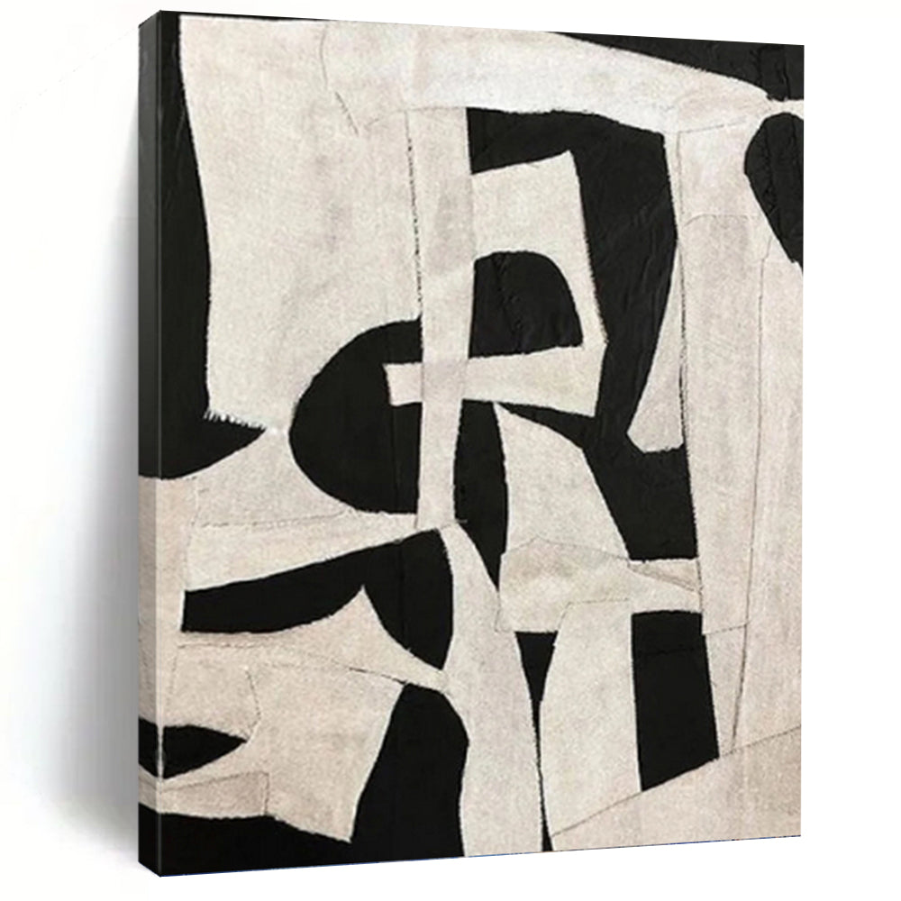 “Patchwork Monochrome Art” - Black, White Abstract Collage on Canvas DKH1137