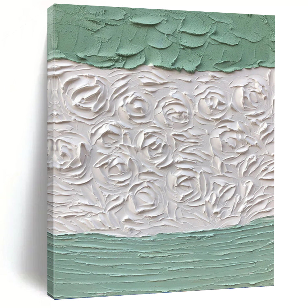“Textured Green and White Floral Relief” - Green, White Abstract Art on Canvas DKH1269