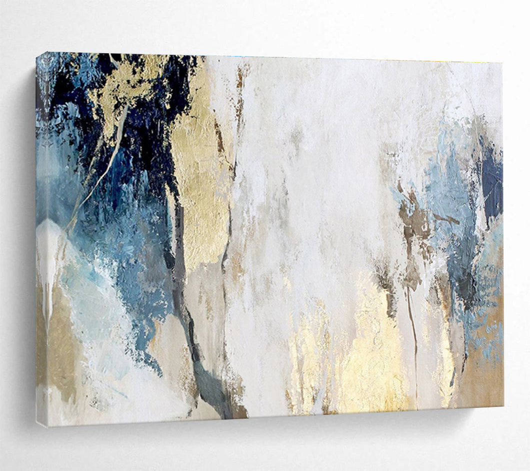 Blue, White, and Gold Abstract Painting for Coastal Bedroom & Chic Bathroom DKH128