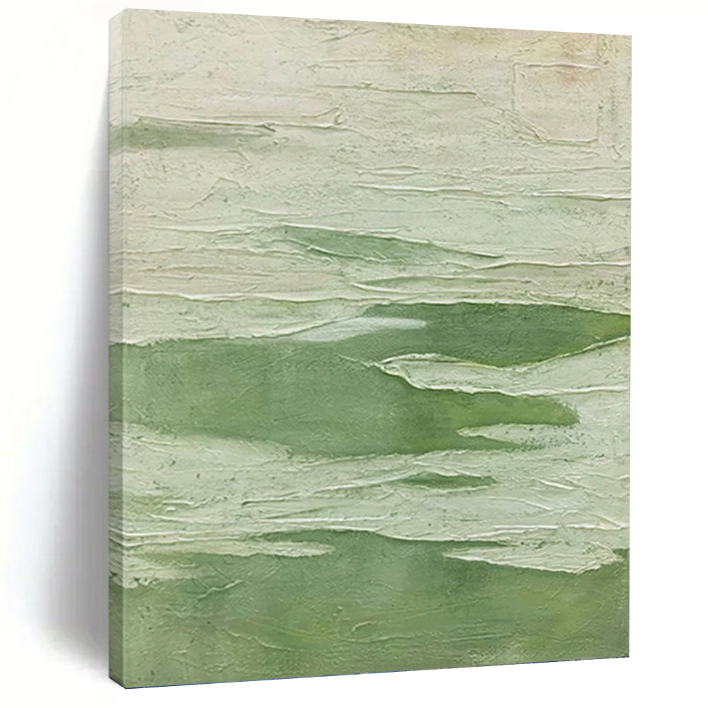 “Textured Green Fields” - Green, White Abstract Art on Canvas DKH1217