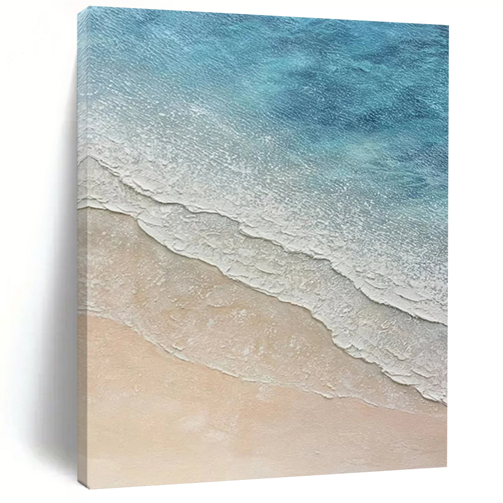 “Aerial Beach Waves” ，Soft blues and whites for ocean waves, beige for sand, in an aerial view. DTP314