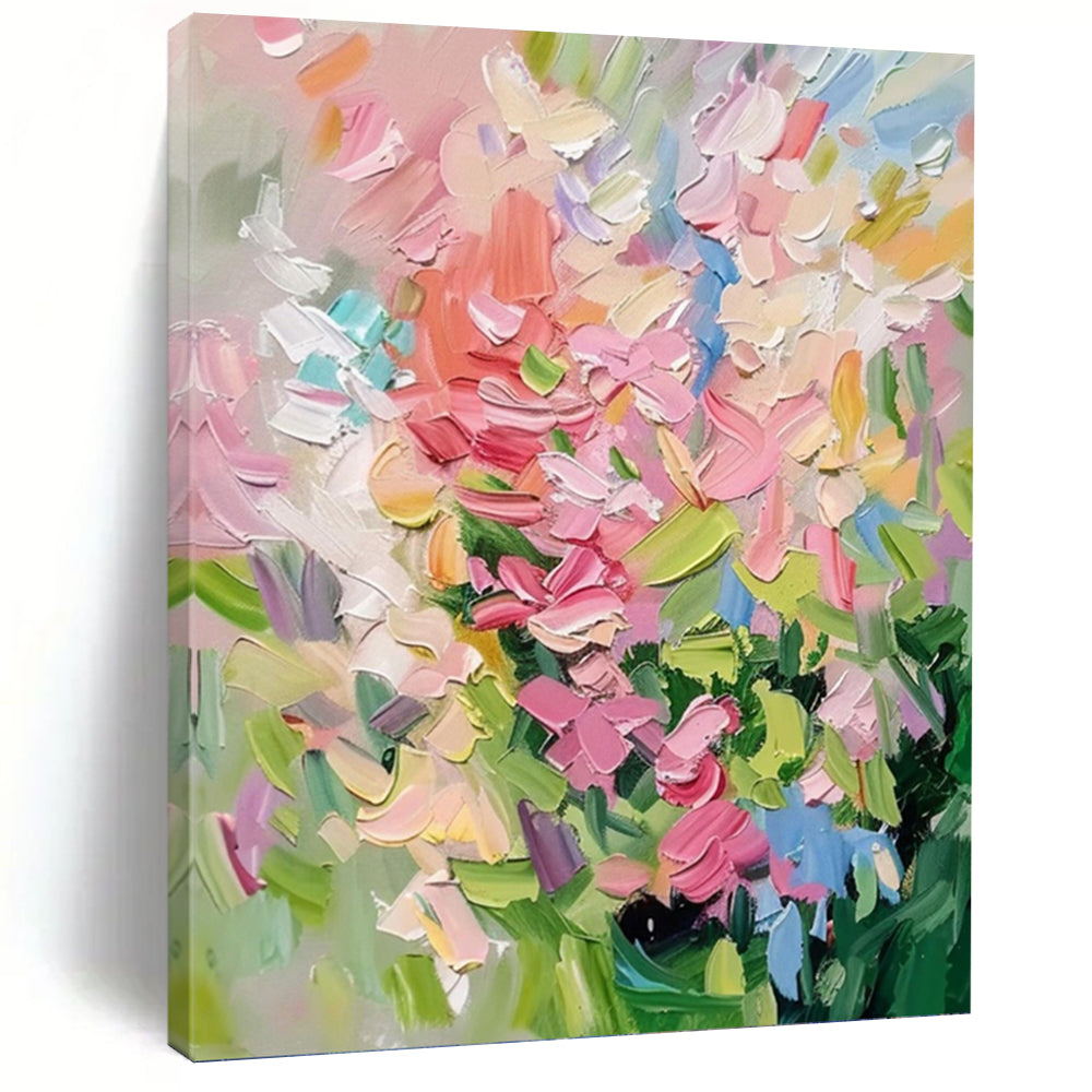 “Vibrant Floral Impasto” - Pink, Blue, and Green Flower Art on Canvas DKH1403