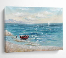 Load image into Gallery viewer, “Seaside Solitude with Red Boat” - Coastal Abstract Acrylic, Good for Beach House and Nautical - Themed Room DLZ224
