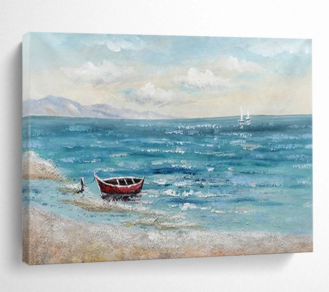 “Seaside Solitude with Red Boat” - Coastal Abstract Acrylic, Good for Beach House and Nautical - Themed Room DLZ224