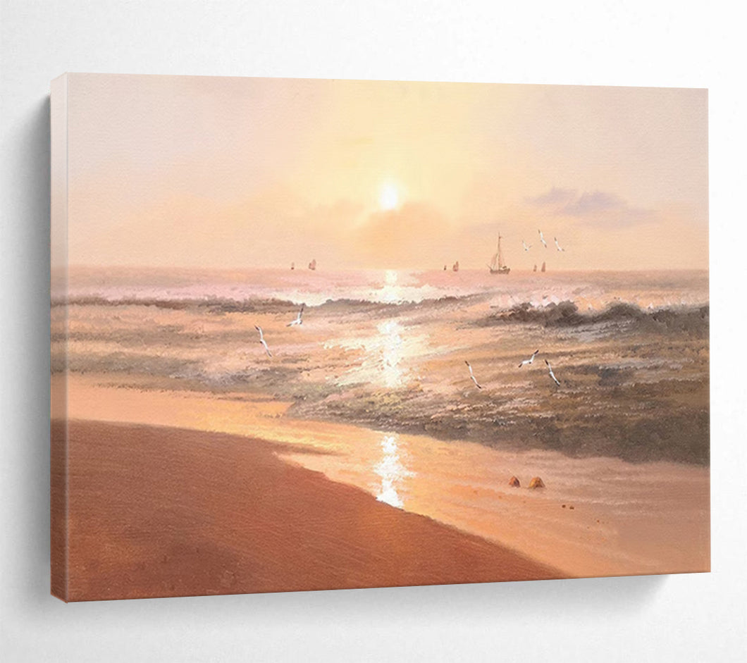 “Sunset Beach with Sailboats” - Impressionistic Abstract Acrylic, Ideal for Beach House and Coastal Dining Room DLZ264