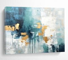 Load image into Gallery viewer, Teal, Gold, and White Abstract Fusion Abstract acrylic painting DLZ073
