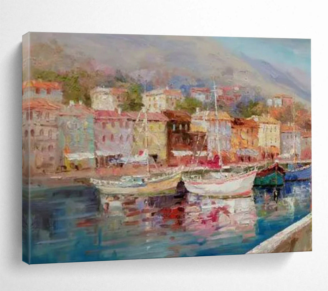 Hand - painted Large - sized Coastal Town Harbor Acrylic Art for Nautical - Themed Living Rooms LargeART1800