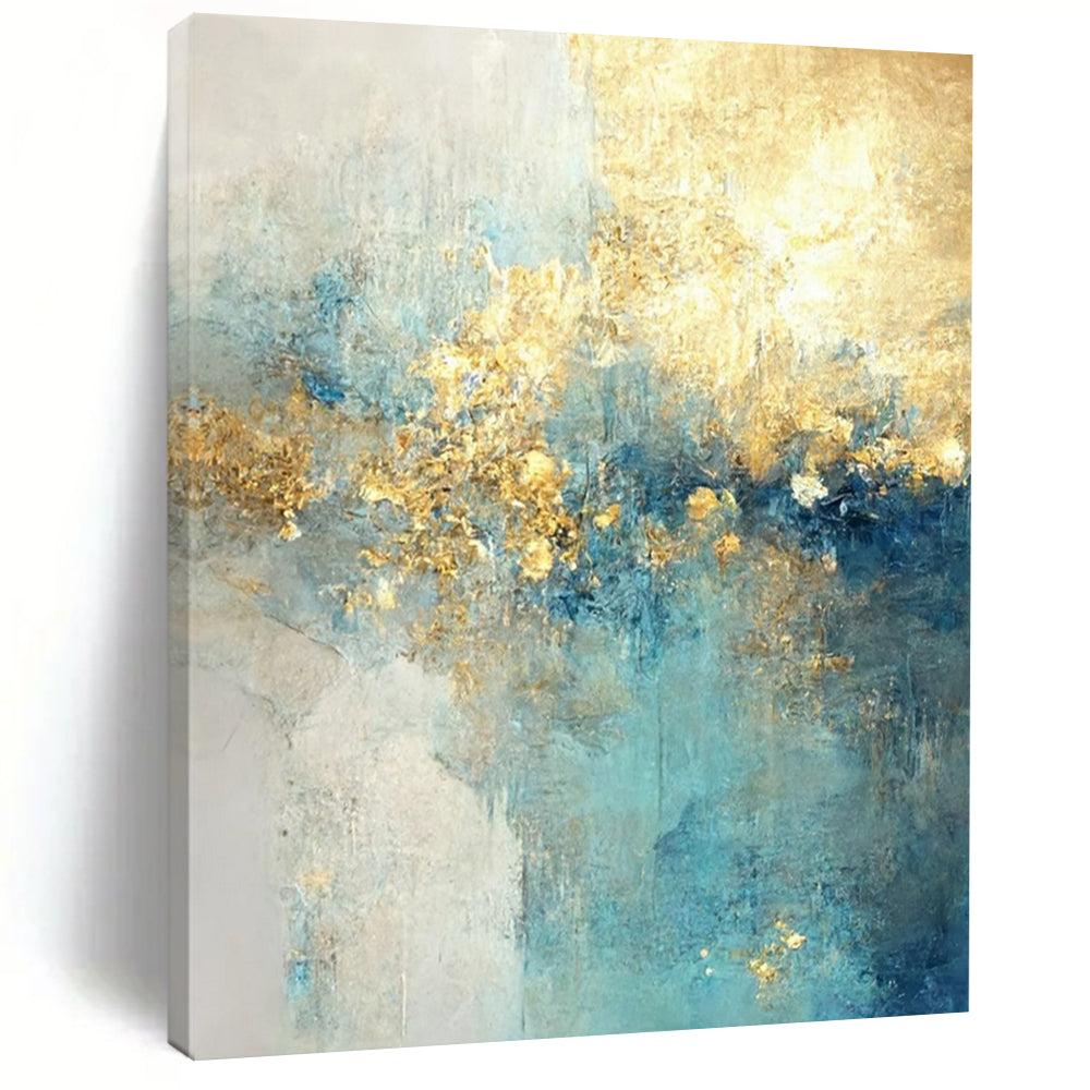 “Aqua Gold Cascade” – Blue, Aqua & Gold Abstract Acrylic with Flowing Textures DTP077